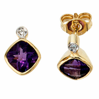 Ohrstecker 333 Gelbgold mit Amethyst und Diamanten 0,02 ct.