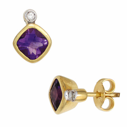 Ohrstecker 333 Gelbgold mit Amethyst und Diamanten 0,02 ct. – Bild 2