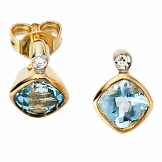Ohrstecker 333 Gelbgold mit Blautopasen und Diamanten