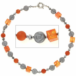 Collier Naturedelsteine Orangetöne mit Rosenornament