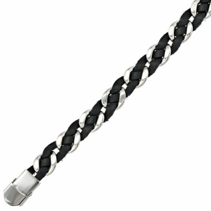 Flechtarmband aus schwarzem Leder und Edelstahl