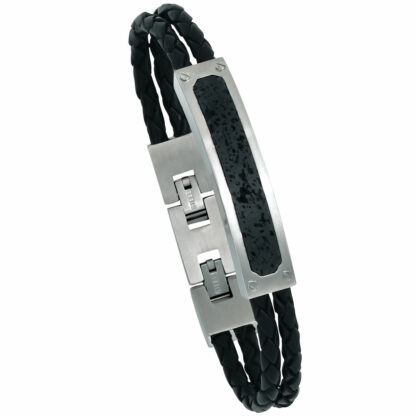 Lederarmband schwarz mit Edelstahl und Lava
