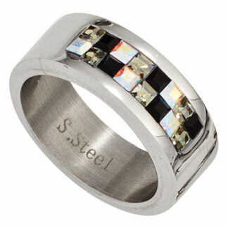 Ring Edelstahl mit SWAROVSKI ELEMENTS schwarz/weiß