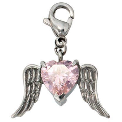 Charm/Einhänger "geflügeltes Herz" Edelstahl mit rosa SWAROVSKI ELEMENT
