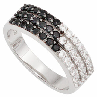 Ring 3-bahnig 925 Silber mit Zirkonia schwarz/weiß