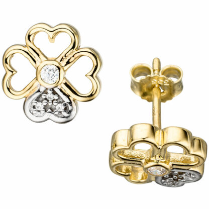 Ohrstecker "Kleeblatt"  333 Gelbgold/Bicolor mit Zirkonia weiß