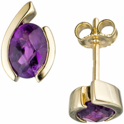 Ohrstecker oval 333 Gelbgold mit Amethyst lila-violett