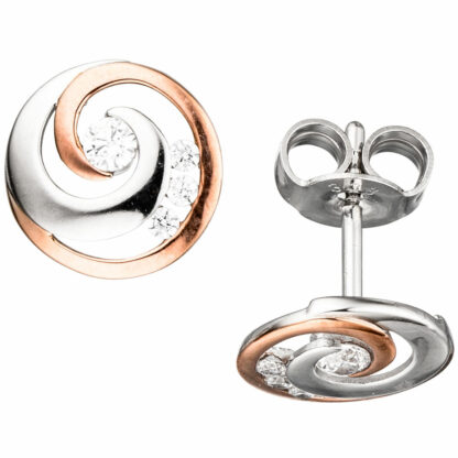 Ohrstecker "Wirbel"  333 Weißgold/teilrotvergoldet mit Zirkonia weiß