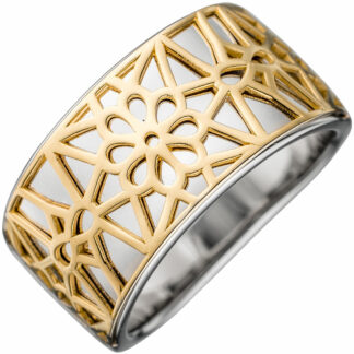 Ring 925 Silber mit Blumenmotiv abstrakt 750 Gelbgold