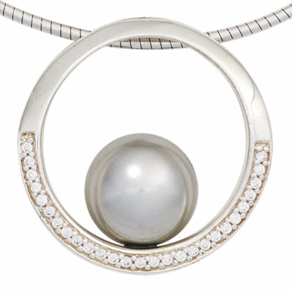 Anhänger rund 925 Silber mit Glasperle grau und Zirkonia weiß