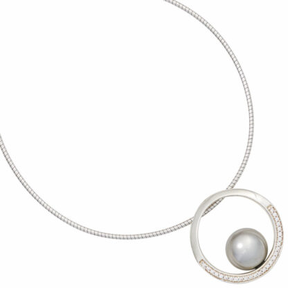 Anhänger rund 925 Silber mit Glasperle grau und Zirkonia weiß – Bild 2