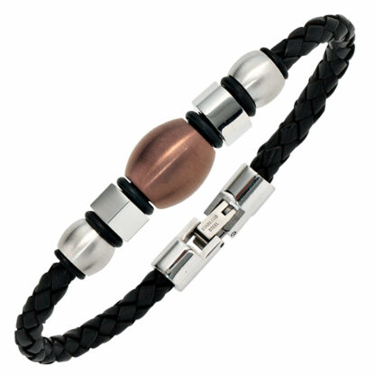 Armband Leder (synth.) schwarz mit Edelstahl braun