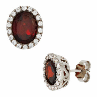 Ohrstecker 925 Silber mit Granat rot und Zirkonia weiß oval