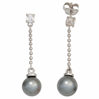 Hängerstecker 925 Silber mit Perlen grau (synth.) und Zirkonia