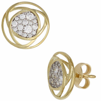 Ohrstecker Blüten-Design abstrakt 333 Gelbgold mit 32 Zirkonia weiß