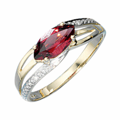 Ring 585 Gelbgold Bicolor mit Granat rot und Brillanten