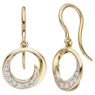 Ohrhaken "Wirbel" 333 Gelbgold mit 16 Zirkonia weiß