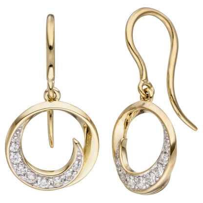 Ohrhaken "Wirbel" 333 Gelbgold mit 16 Zirkonia weiß