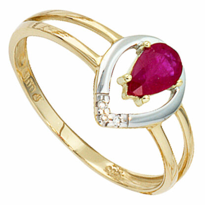 Ring 585 Gelbgold mit Rubin und Brillanten Tropfenform