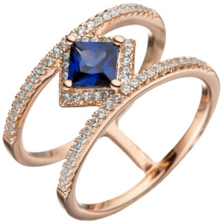 Ring 2-bahnig 925 Silber/rotvergoldet mit Zirkonia weiß und tansanitblau