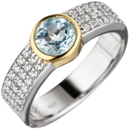 Ring 925 Silber Bicolor mit Blautopas rund und Zirkonia