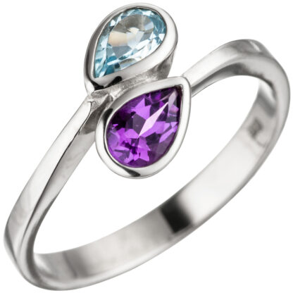 Ring 925 Silber mit Blautopas und Amethyst violett Tropfen