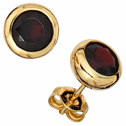 Ohrstecker 375 Gelbgold mit Granat rot rund