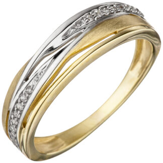 Ring 333 Gelbgold/teilrhodiniert mit Zirkonia weiß mehrbahnig