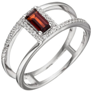 Ring 925 Silber 2-bahnig mit Granat rot und Zirkonia weiß