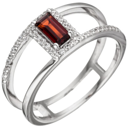 Ring 925 Silber 2-bahnig mit Granat rot und Zirkonia weiß