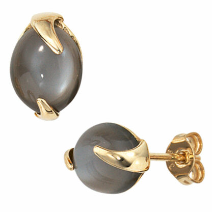 Ohrstecker 585 Gelbgold mit Mondsteinen grau – Bild 2