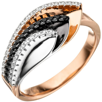 Ring 925 Silber/teilrotvergoldet mit Zirkonia weiß-schwarz Auster