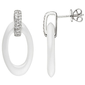 Ohrstecker oval Keramik weiß mit 925 Silber und Zirkonia weiß