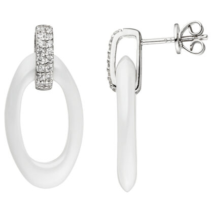 Ohrstecker oval Keramik weiß mit 925 Silber und Zirkonia weiß
