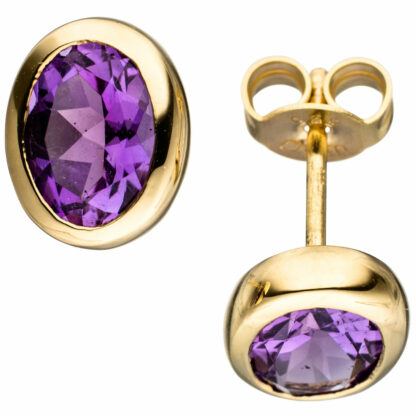 Ohrstecker oval 585 Gelbgold mit Amethysten violett