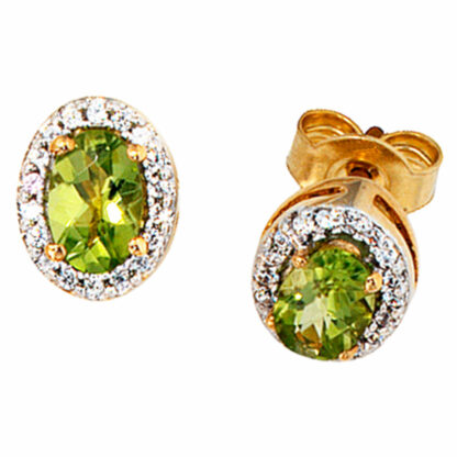 Ohrstecker oval 585 Gelbgold mit 2 Peridoten und 36 Diamanten 0,15 ct.