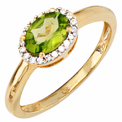 Ring oval 585 Gelbgold mit Peridot und Diamanten 0,10 ct.
