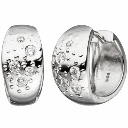 Creolen 925 Silber mit Zirkonia weiß und Struktur-Dekor