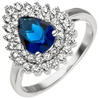 Ring 925 Silber mit Zirkonia blau Tropfen und Zirkonia weiß