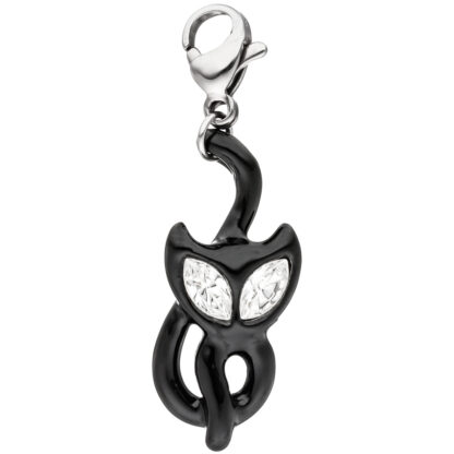 Charm "schwarze Katze" Edelstahl mit SWAROVSKI ELEMENTS weiß