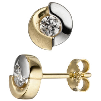 Ohrstecker abstrakt rund 333 Gelbgold Bicolor mit Zirkonia weiß