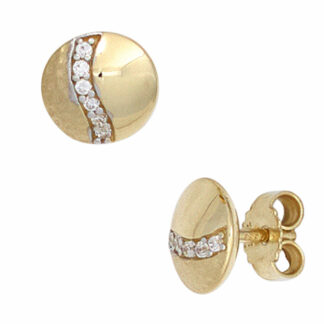 Ohrstecker rund 333 Gelbgold/teilmattiert mit Zirkonia weiß