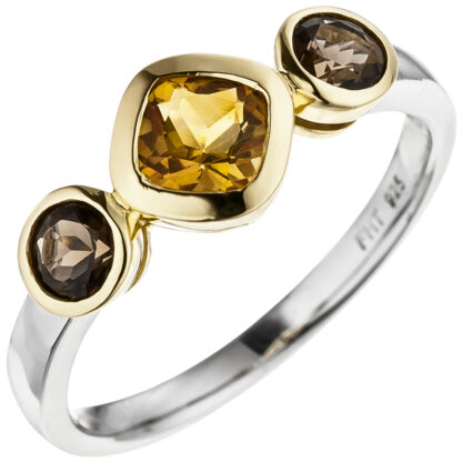 Ring 925 Silber/teilvergoldet mit Rauchquarzen  und Citrin