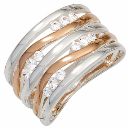 Ring geschwungen 925 Silber/teilrotvergoldet mit 12 Zirkonia weiß