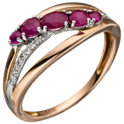 Ring 585 Rotgold bicolor mit 5 Rubinen und 16 Brillanten