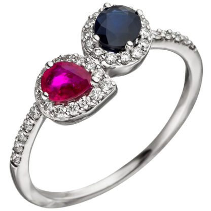 Ring 585 Weißgold mit Rubin, Saphir und Brillanten 0,26 ct.