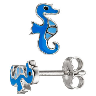 Kinder Ohrstecker "Seepferdchen" 925 Silber mit Lack blau/schwarz