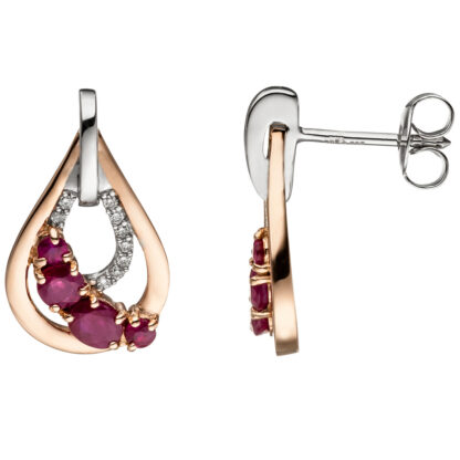 Ohrstecker "Tropfen" 585 Gelbgold bicolor mit Rubinen und Brillanten