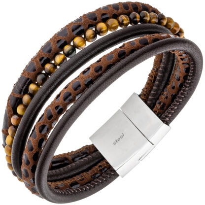 Lederarmband braun mit Tigerauge und Edelstahl