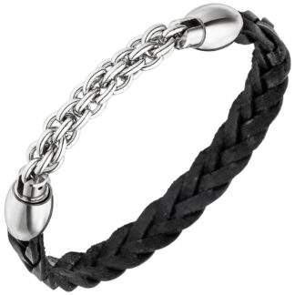 Armband Leder schwarz mit Doppelankerkette Edelstahl
